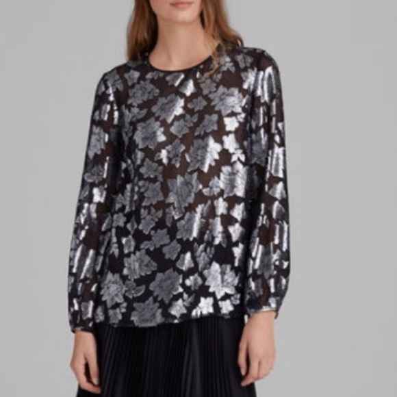 Club Monaco Crewneck Jacquard Metallic Pattern Silk Blend Blouse New Xs